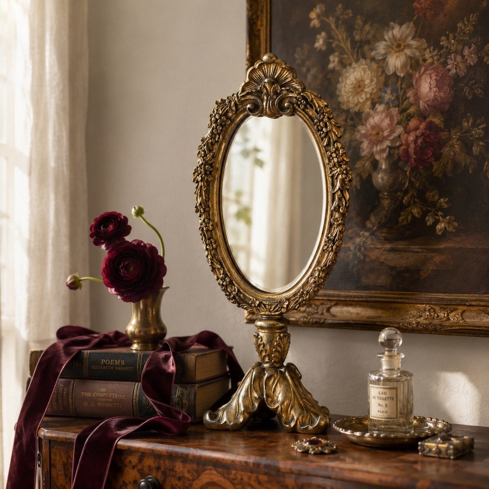 Vintage Gold Oval Table Mirror Ornate Vanity Mirror Romantic Gothic Decor